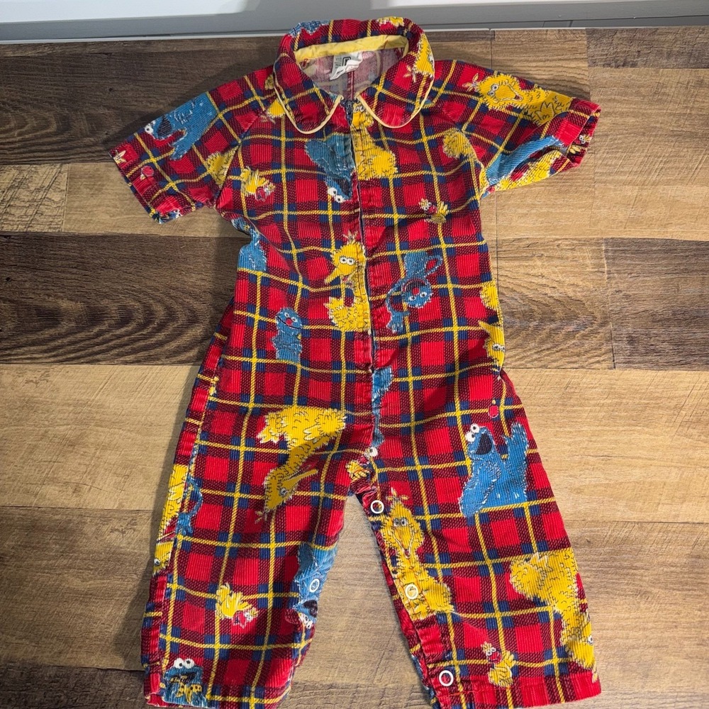 Vintage 1970's Sesame Street JCPENNEY ToddleTime Red Plaid Corduroy Romper Sz 1